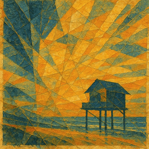 Beach house on stilts in the golden evening light