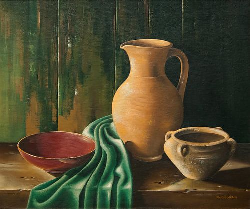 Stilleben mit Weinkaraffe und Schale