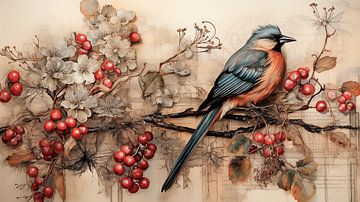 Een vogel tussen rode bessen van Carla van Zomeren
