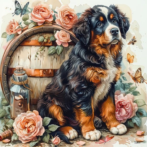 dogs-cats-birds-wine-barrel-butterflies-flowers by Gelissen Artworks
