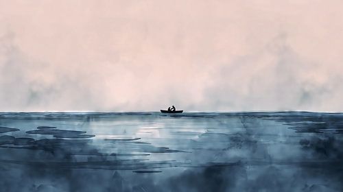 Paar in een roeiboot bij zonsondergang