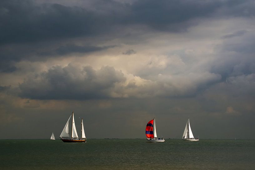 Ijsselmeer Zeilschepen met rood en blauwe zeilen. by Alice Berkien-van Mil