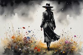 Frau in Schwarz zwischen Wildblumen