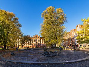 Blick auf die Universität und den Brunnen der Lebensfreude in d