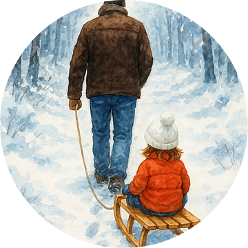 Vader trekt de slee door het winter bos (AI) (kind, papa, sneeuw, wandeling, Vaderdag, sneeuwpret, schattig, familie, liefdevol, kinderkamer)