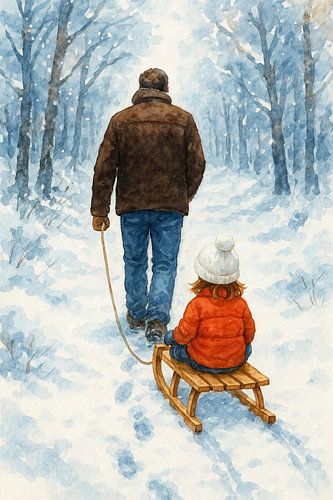 Vader trekt de slee door het winter bos (AI) (kind, papa, sneeuw, wandeling, Vaderdag, sneeuwpret, schattig, familie, liefdevol, kinderkamer)