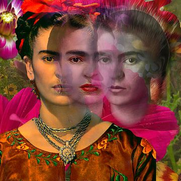 Drie Kahlo`s in roze rood en oranje van Rudi Lippi