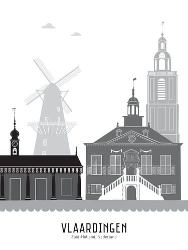 Skyline illustratie stad Vlaardingen in zwart-wit-grijs
