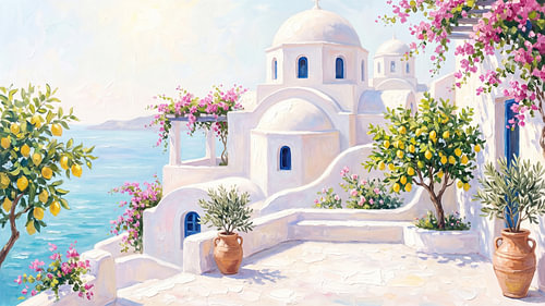Sonnendurchflutete Terrasse einer Küstenkirche auf Santorin