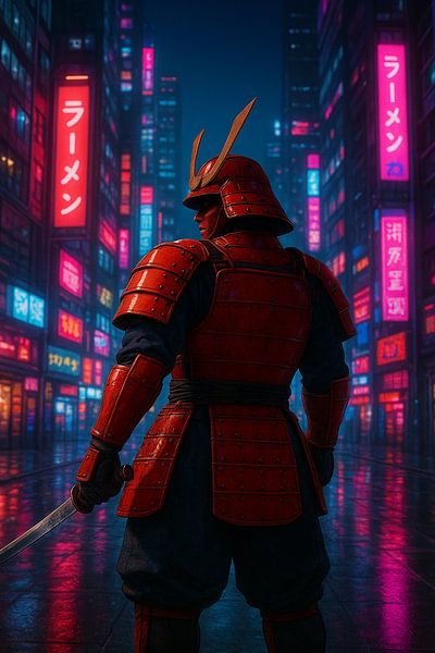 Cyberpunk Samurai Warrior in Neon Tokyo Rain | Dystopian Future Art par panika friantama