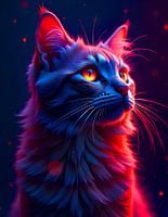 Katze, die in leuchtend rotes und blaues Neonlicht getaucht ist.
