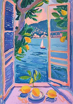 Henri Matisse Stijl Poster, Middellandse Zee, Open Venster, Pastel van Niklas Maximilian