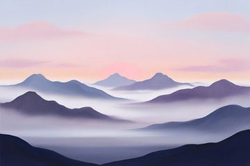 Mistige bergen bij zonsopgang van Art & Soul Creations