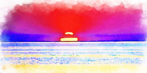 Zonsondergang op de Noordzee, Aquarel afbeelding