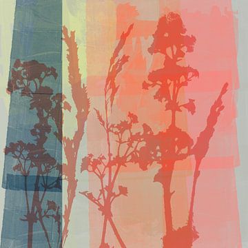 Moderne abstracte botanische kunst in pastelkleuren. Koraal, neonroze, blauw van Dina Dankers