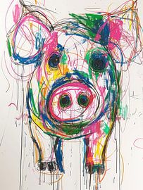 Expressieve tekening van een kleurrijk varken van Peter Pen tekeningen en schilderijen