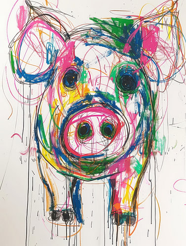 Expressive drawing of a colourful pig