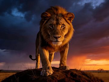 Majestätischer Löwe bei goldenem Sonnenuntergang von Urbanwolves