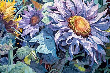 Zonnebloem | Droomachtig bloemenveld | Gouache | Zonnebloemen van Studio Blikvangers