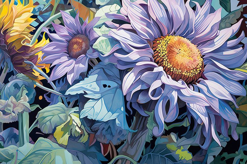 Zonnebloem | Droomachtig bloemenveld | Gouache | Zonnebloemen van Blikvanger Schilderijen
