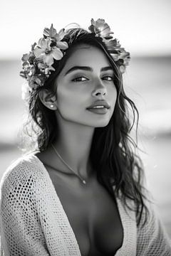 Portrait of a woman with a wreath of flowers - black and white by Poster Art Shop