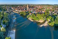 Nürtingen city panorama, Neckar bridge and river landscape