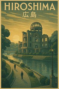 Hiroshima Harmony - Friedliche Pagode & Riverside Art Deco Poster