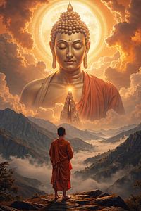 Fantasy Wall Art: BUDDHA OF ENLIGHTENMENT - The Monk Facing the Radiant Buddha