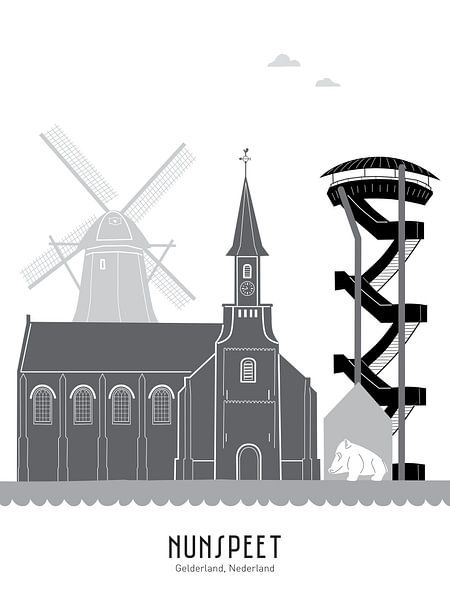 Skyline illustratie stad Nunspeet in zwart-wit-grijs van Mevrouw Emmer