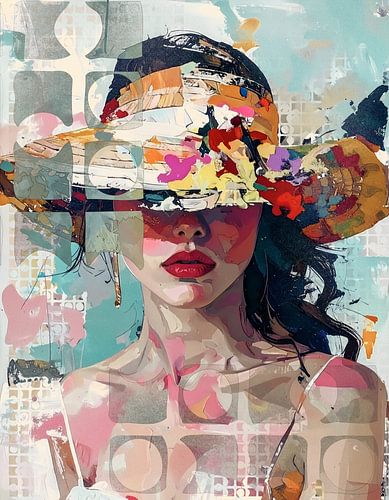 kleurig portret - vrouw met zomerhoed - mixed media