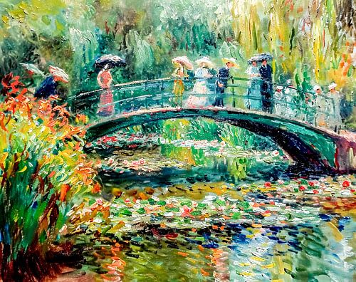 Mensen op een tuinbrug met waterlelies