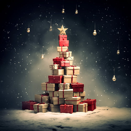 A Christmas tree made up of presents