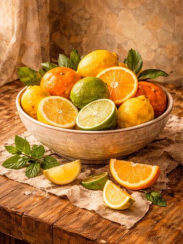 Citrus Bowl Stilleven een warme rustieke keuken muurkunst