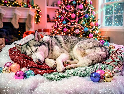 Husky die slaapt in een gezellig kersttafereel