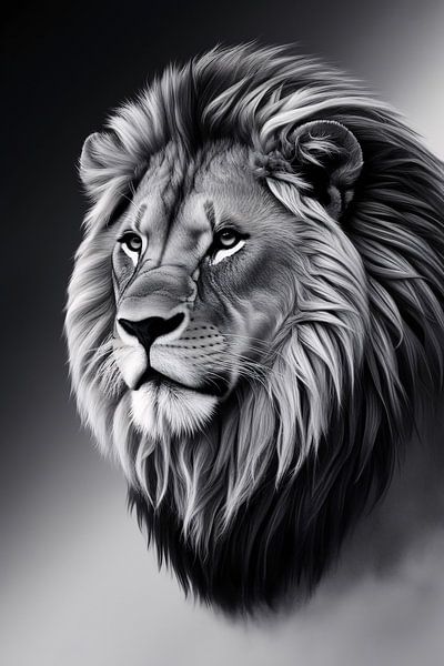 Black-and-white portrait of lion by Art & Soul Creations