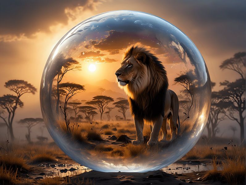 King of beasts at African sunset by Art Twist by M