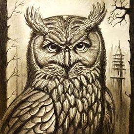 An owl in a surrealistic forest by Peter Lems