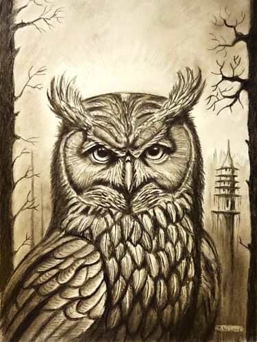 An owl in a surrealistic forest