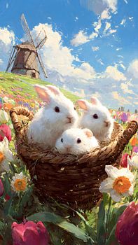Adorables lapins dans un panier au milieu des fleurs printanières et d'un moulin à vent