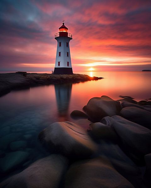 Vuurtoren bij zonsondergang van fernlichtsicht