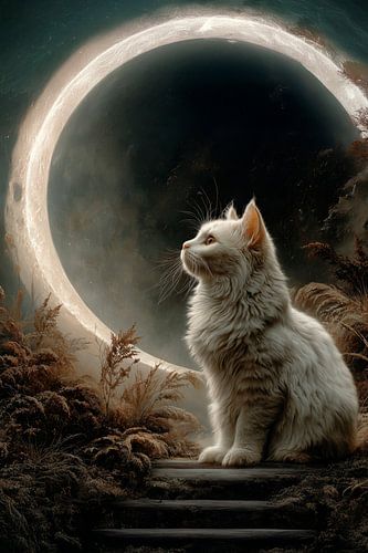 White Mystical Cat in the Moonlight