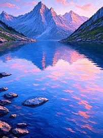 Serenity's Embrace: Majestic Mountains Reflecting the Dawn's Hues Over a Tranquil Alpine Lake by Artistic