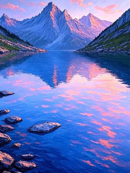 L'étreinte de la sérénité : Montagnes majestueuses reflétant les teintes de l&#039;aube au-dessus d&#039;un lac alpin paisible. par Artistic