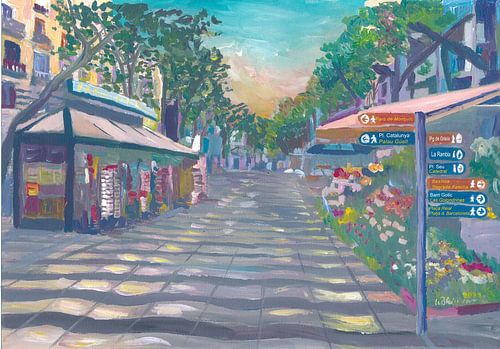 Barcelona Rambla street scene with signposts