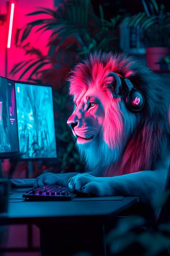 Spelende leeuw in neonkleurige nacht
