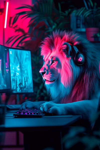 Gaming lion in neon-coloured night by Poster Art Shop