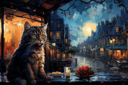 Kat op het terras van een café 's nachts