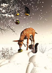 Weihnachtsszene mit einem Reh und Eichhörnchen