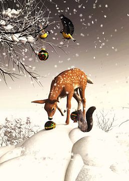 Weihnachtsszene mit einem Reh und Eichhörnchen von Jan Keteleer