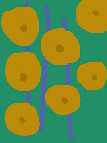 Botanische schetsen. Oker Boho bloemen op kobaltblauw en groen.